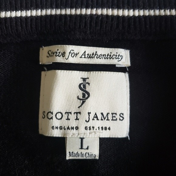 Scott James Sweater Mens Size L V-Neck Black Gray Cream Striped Preppy Academia - Picture 3 of 6